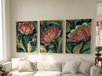 Vintage botanical wall art set of 3 – pink peony blossoms with emerald green dark academia styling, Natural Wood frame
