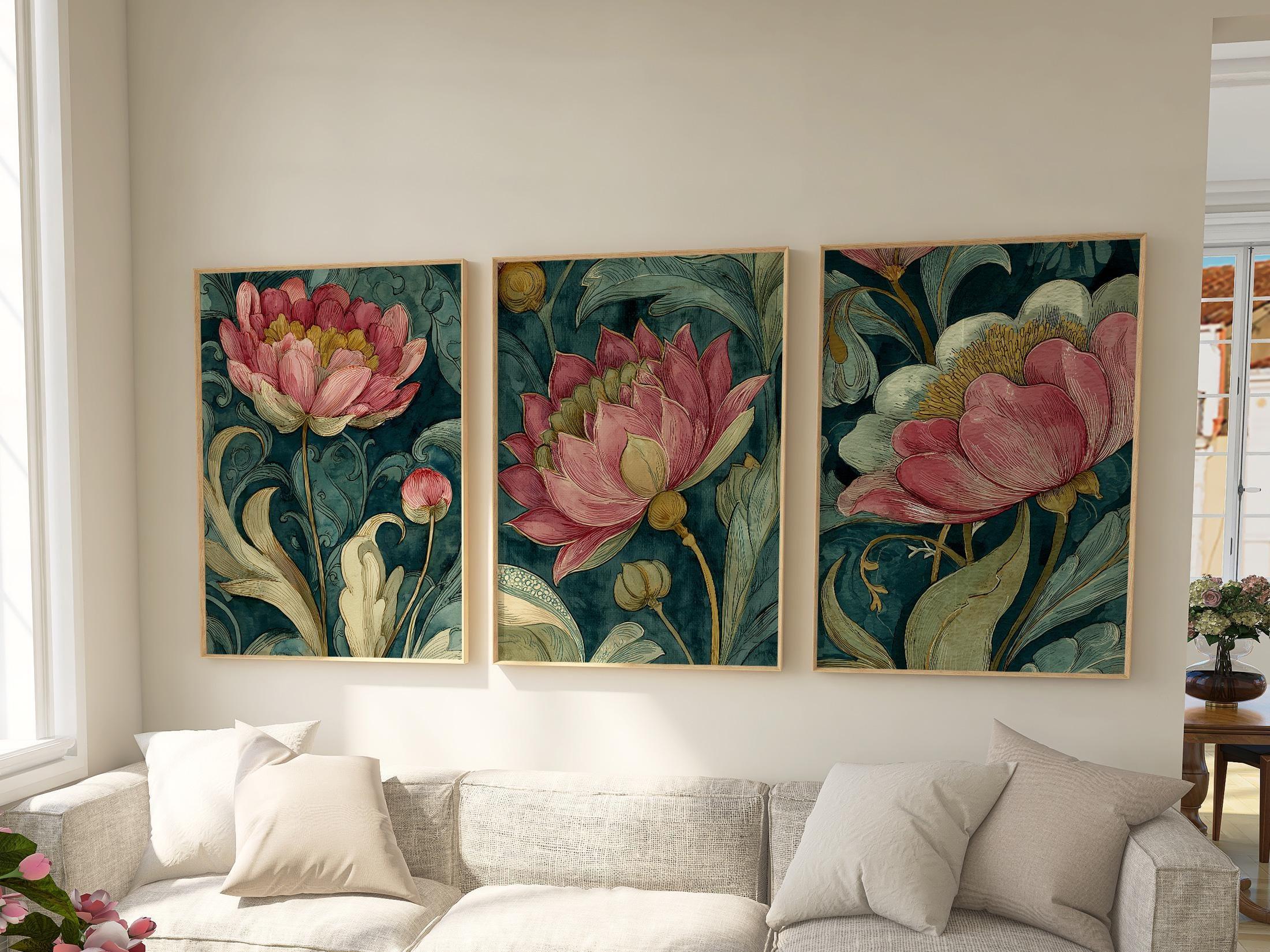 Vintage botanical wall art set of 3 – pink peony blossoms with emerald green dark academia styling, Natural Wood frame