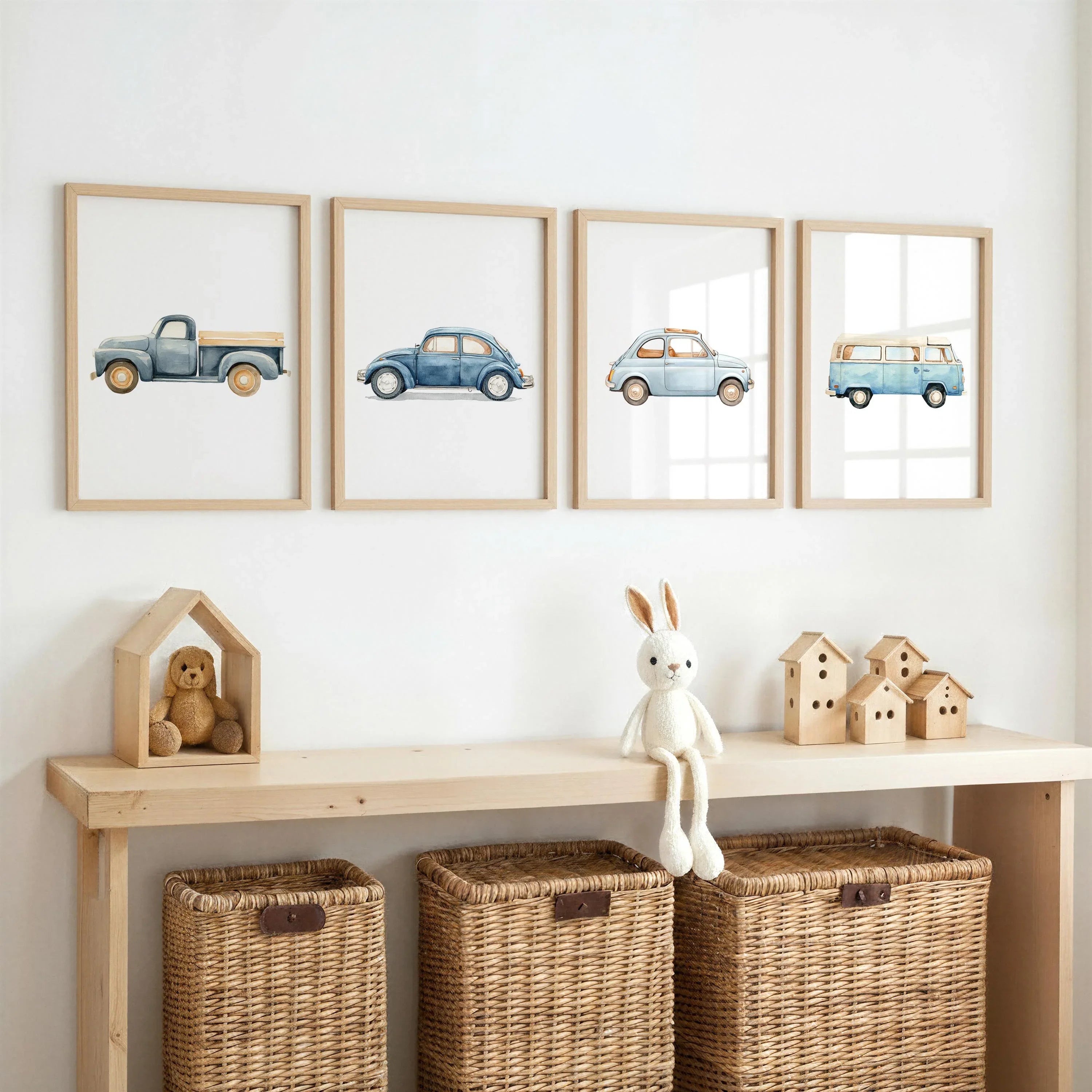 Vintage car nursery wall art set of 4 – retro transport watercolor illustrations for boys' rooms, Black frame