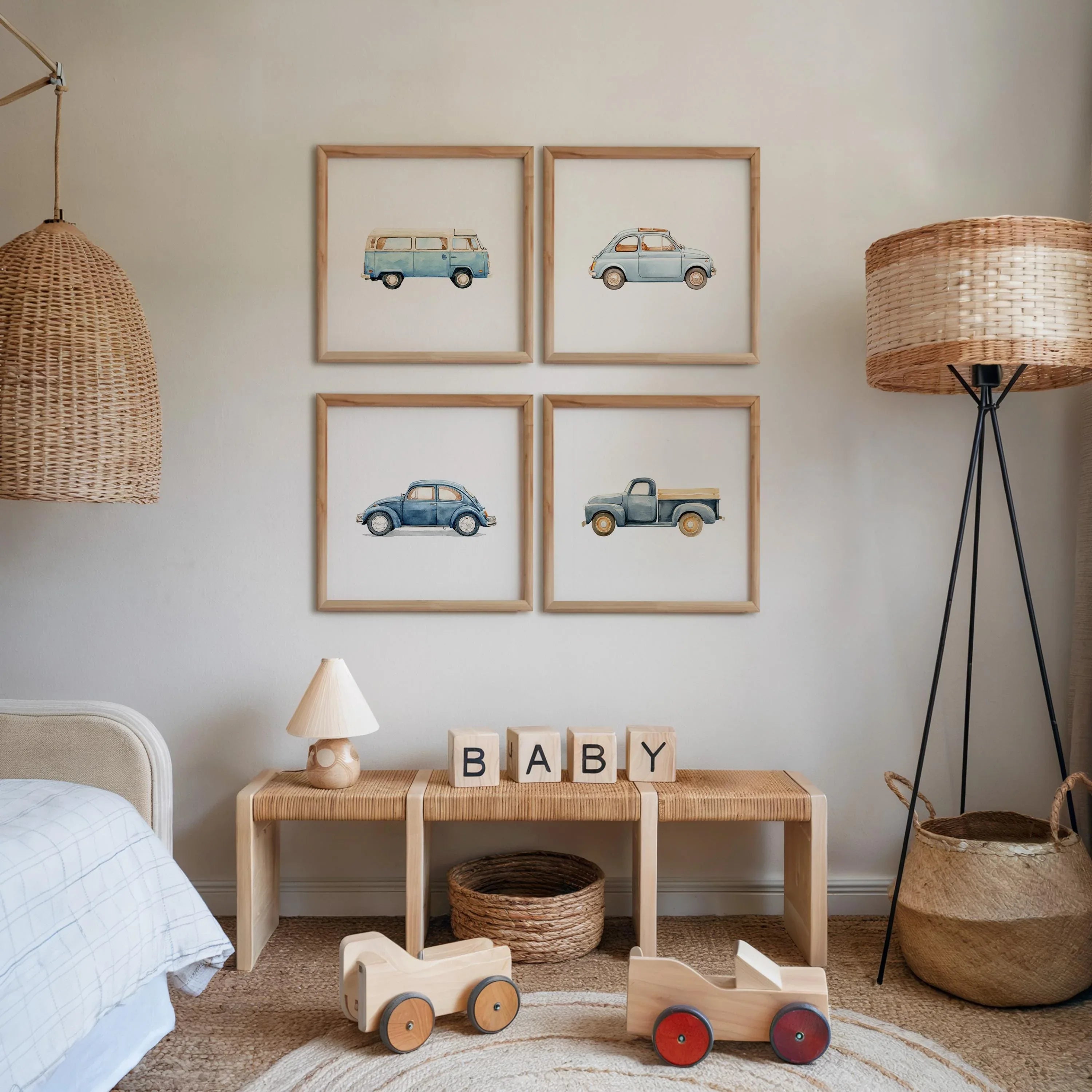 Vintage car nursery wall art set of 4 – retro transport watercolor illustrations for boys' rooms, Dark Wood frame