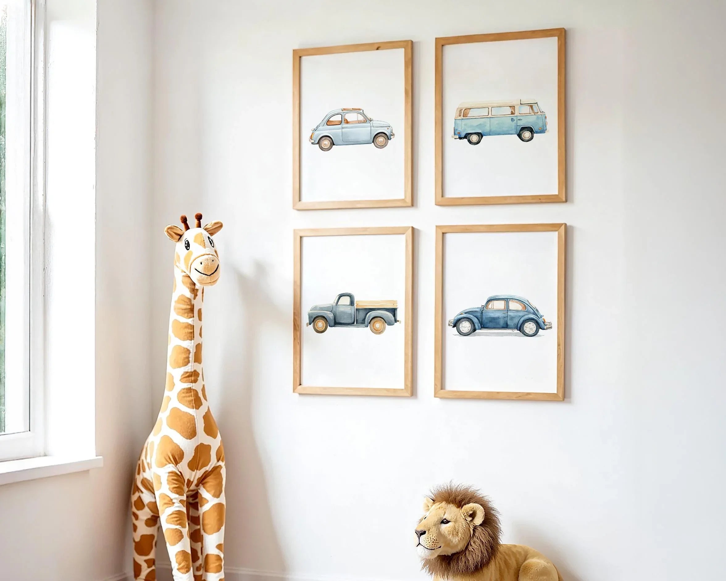 Vintage car nursery wall art set of 4 – retro transport watercolor illustrations for boys' rooms, unframed