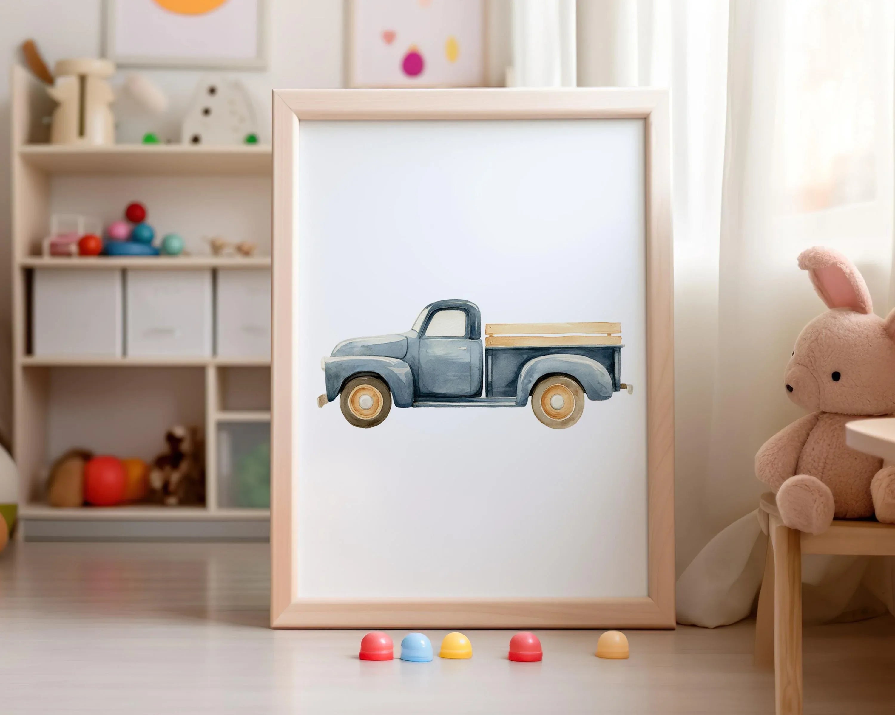 Vintage car nursery wall art set of 4 – retro transport watercolor illustrations for boys' rooms, White frame
