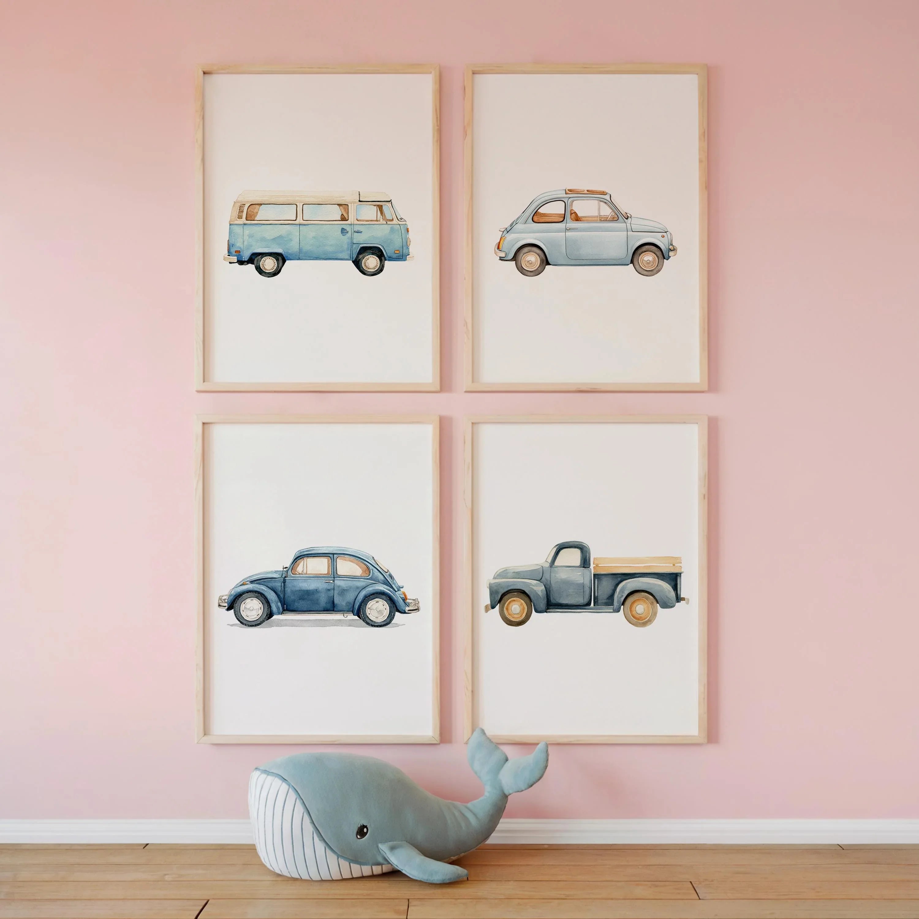 Vintage car nursery wall art set of 4 – retro transport watercolor illustrations for boys' rooms, Natural Wood frame