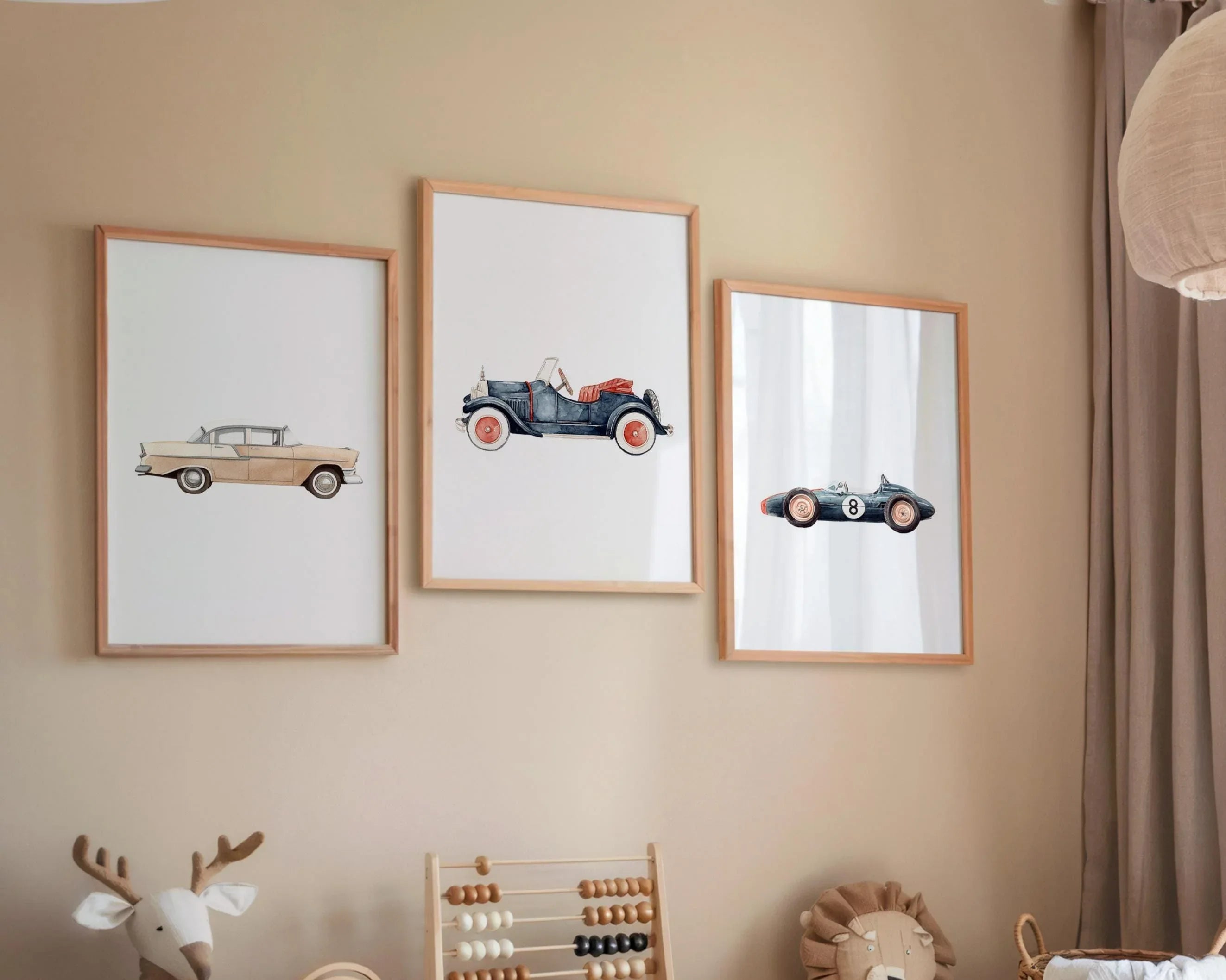 Vintage car watercolor wall art set of 3 – retro automobiles nursery decor in soft tones, Black frame