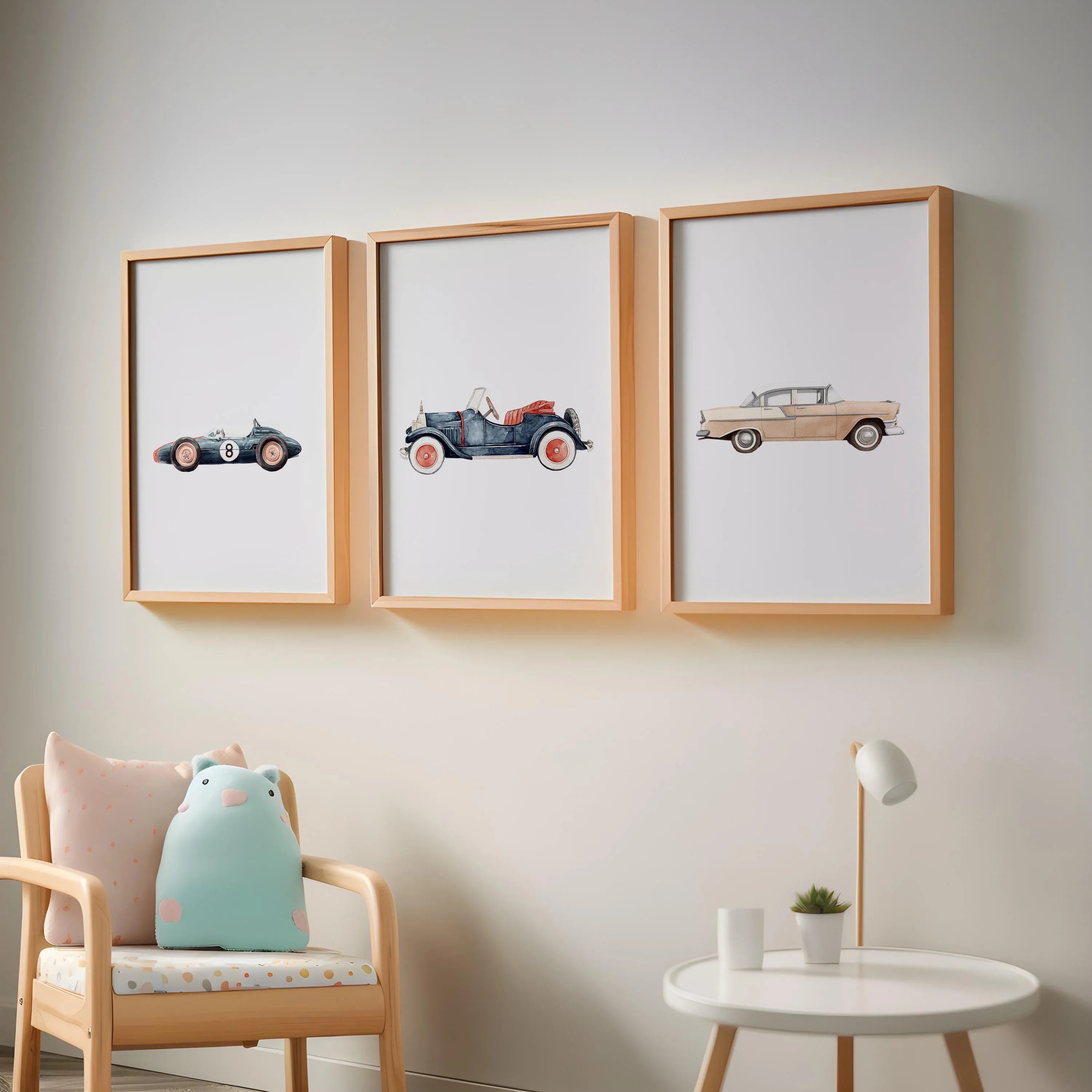 Vintage car watercolor wall art set of 3 – retro automobiles nursery decor in soft tones, Dark Wood frame