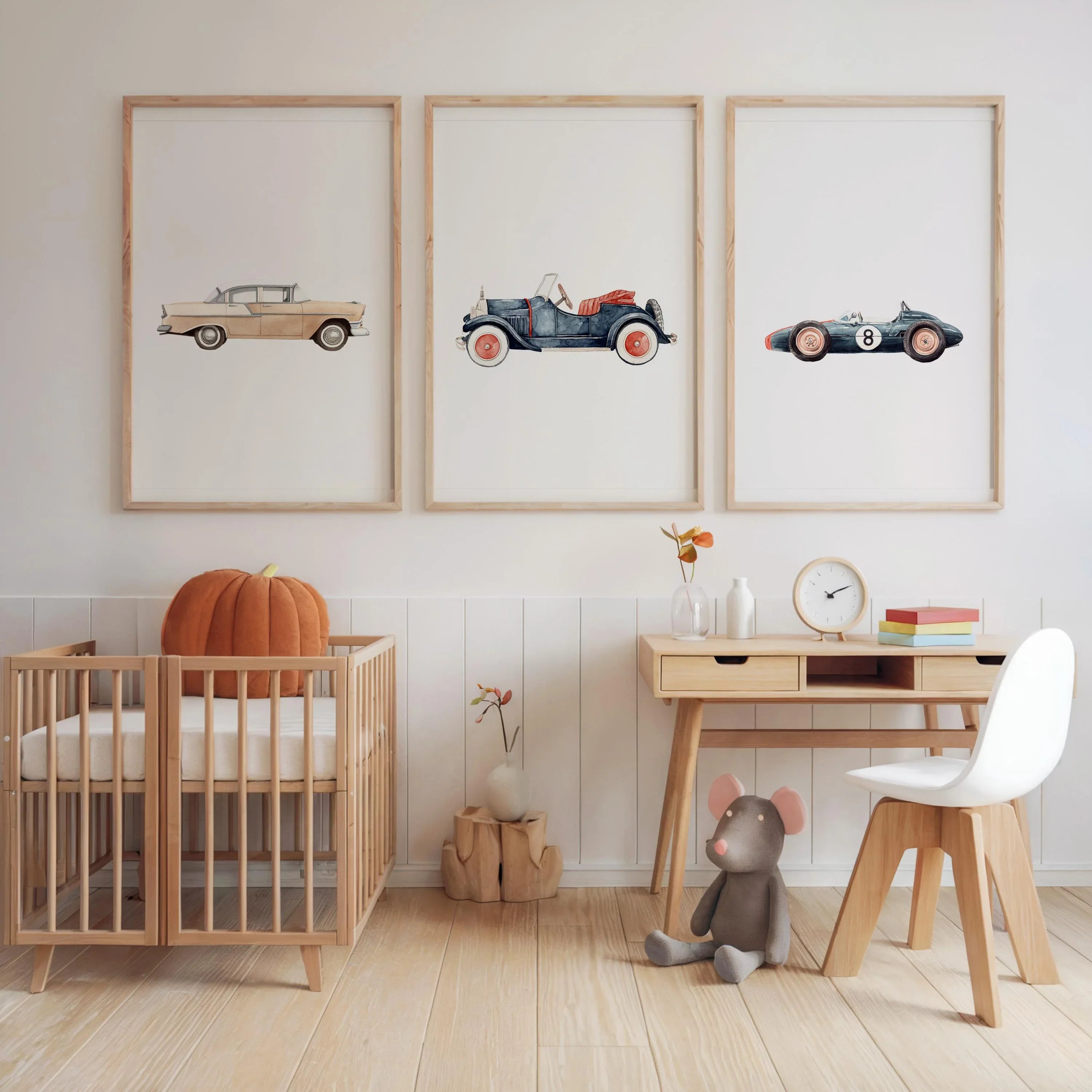 Vintage car watercolor wall art set of 3 – retro automobiles nursery decor in soft tones, unframed