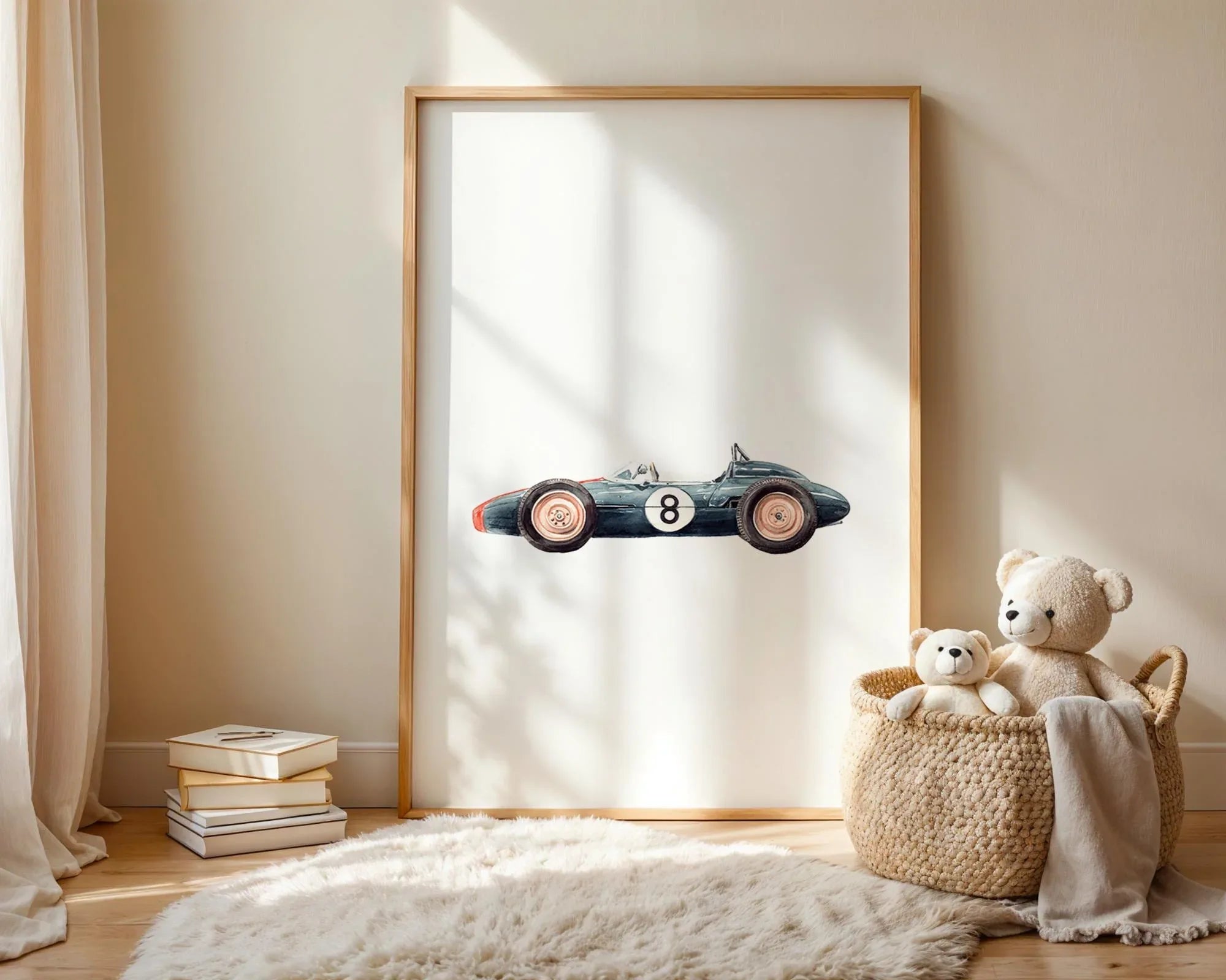 Vintage car watercolor wall art set of 3 – retro automobiles nursery decor in soft tones, White frame