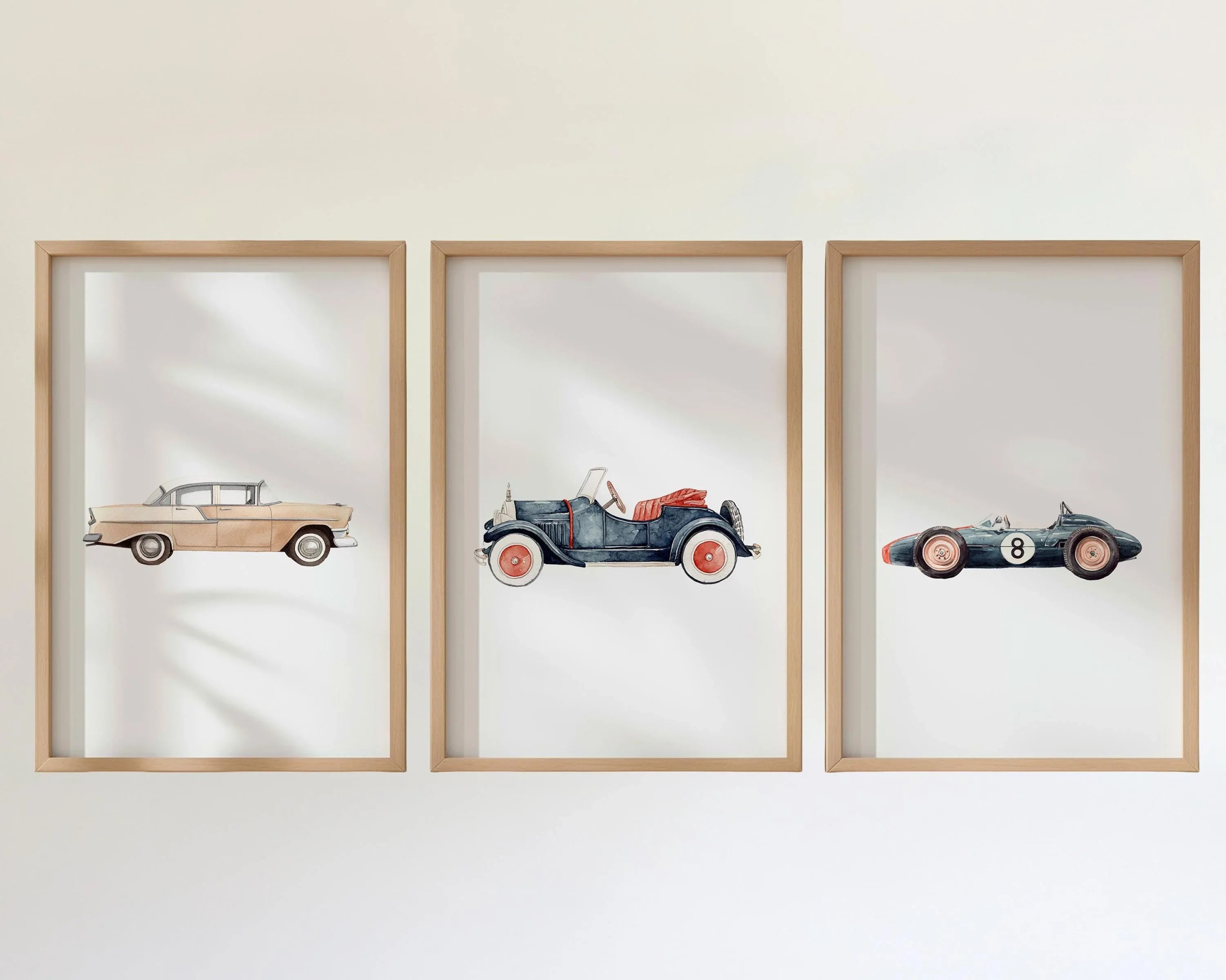 Vintage car watercolor wall art set of 3 – retro automobiles nursery decor in soft tones, Natural Wood frame