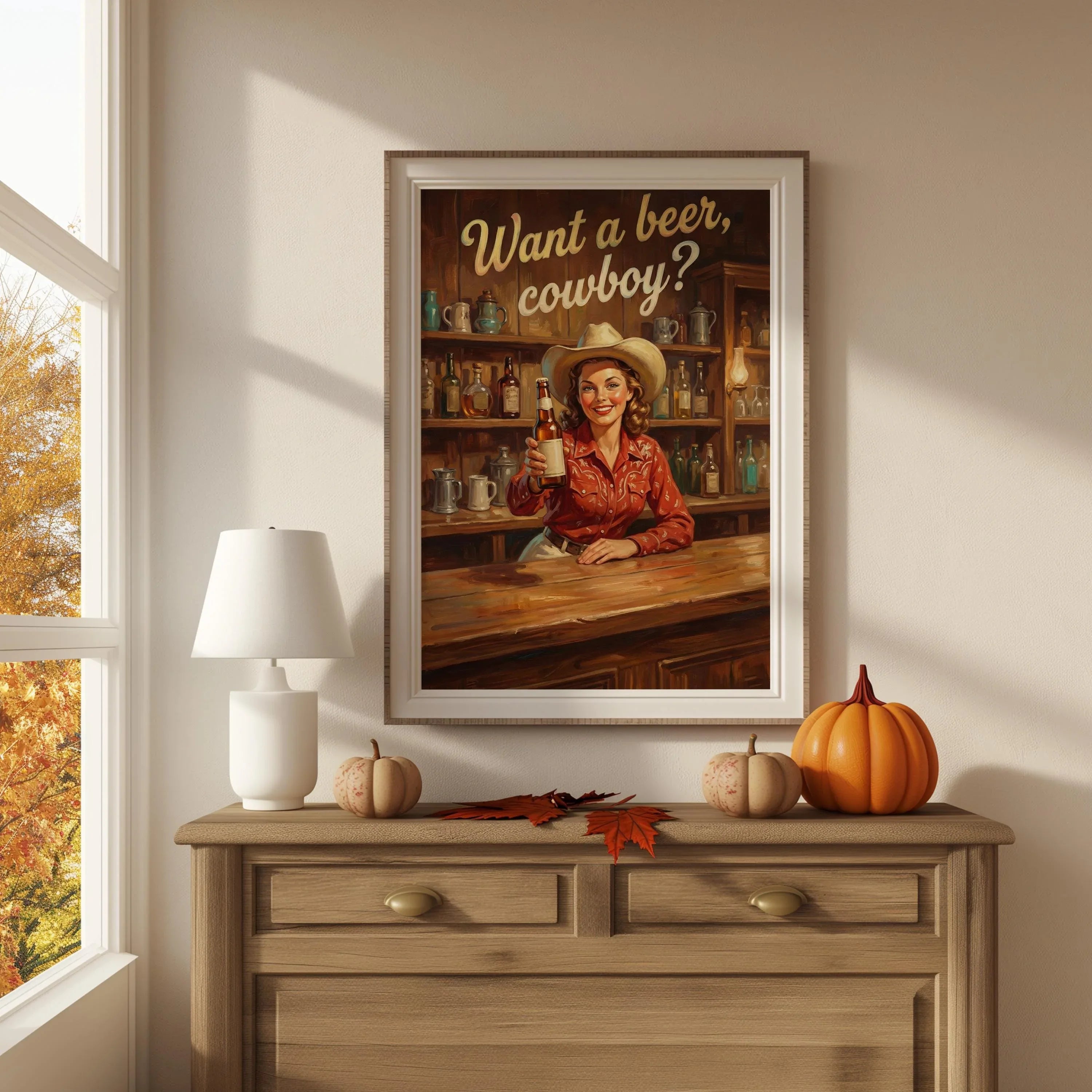 Vintage cowgirl bar wall art – retro western saloon illustration in warm sepia and amber tones, Black frame