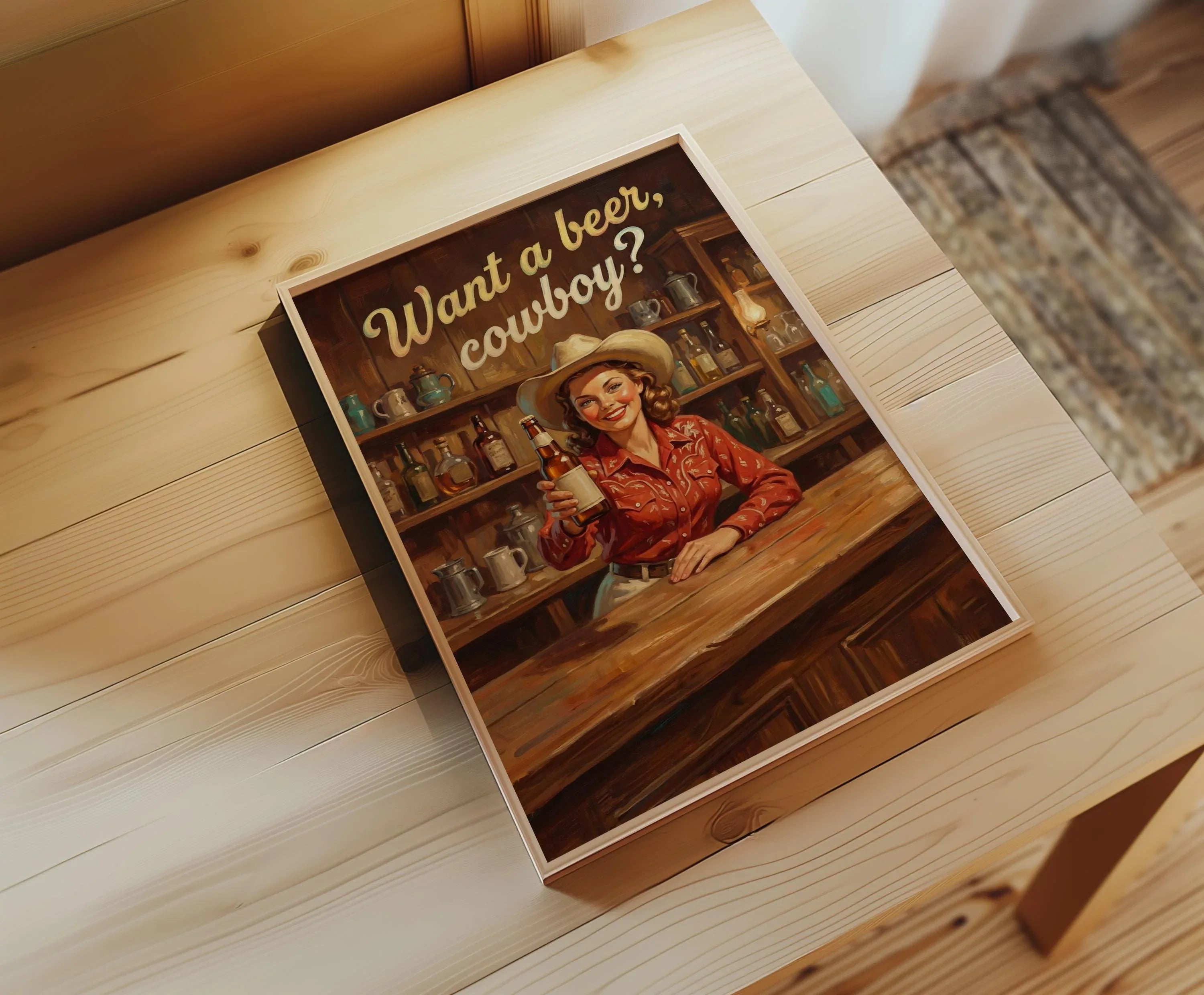 Vintage cowgirl bar wall art – retro western saloon illustration in warm sepia and amber tones, Dark Wood frame