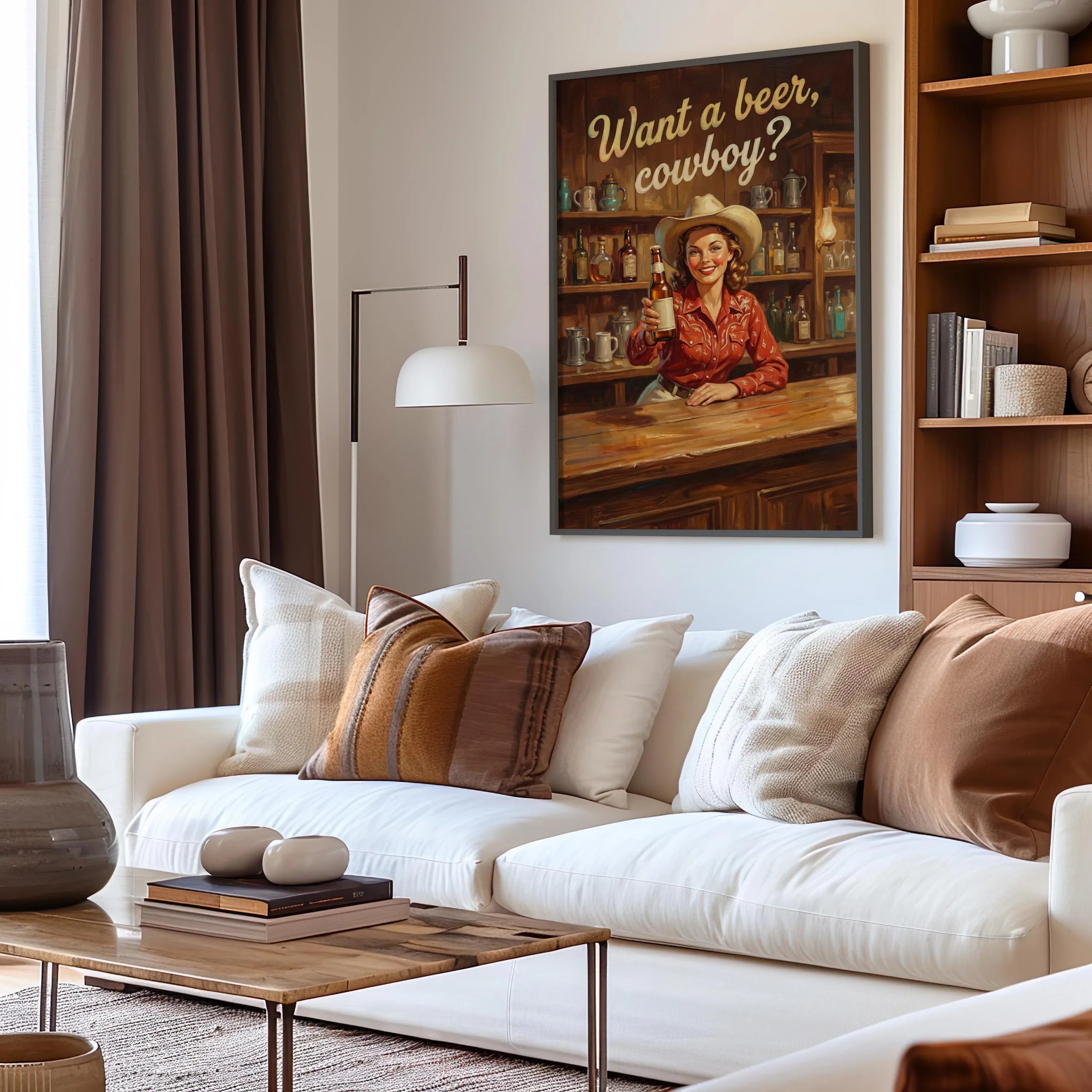 Vintage cowgirl bar wall art – retro western saloon illustration in warm sepia and amber tones, unframed