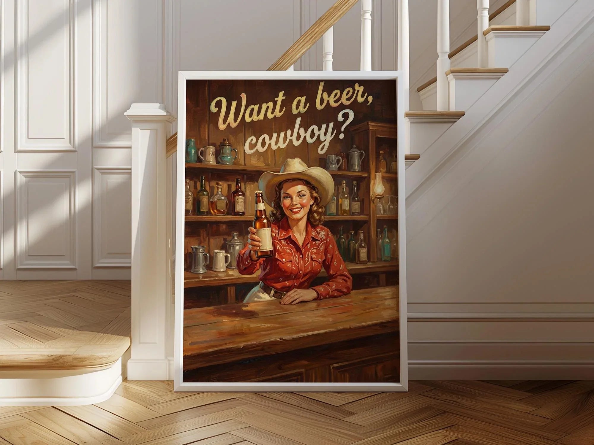 Vintage cowgirl bar wall art – retro western saloon illustration in warm sepia and amber tones, Natural Wood frame