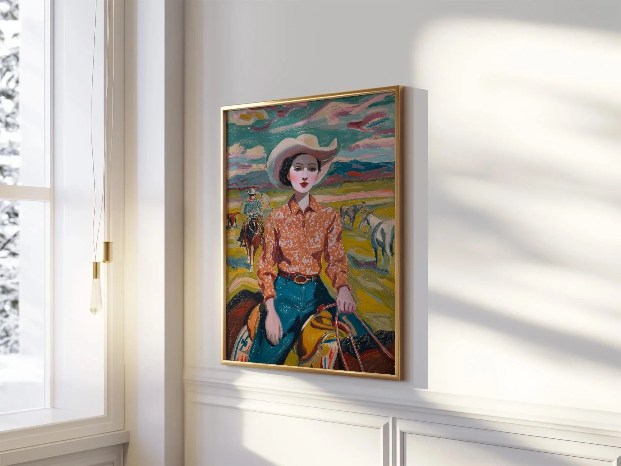Vintage cowgirl oil painting wall art – 1950s western ranch woman portrait in warm earthy tones, Black frame