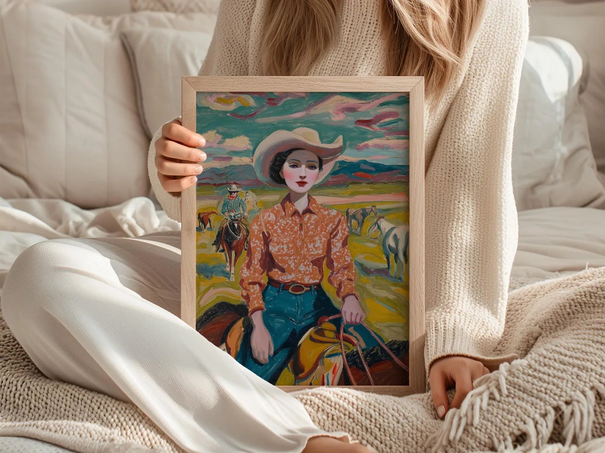 Vintage cowgirl oil painting wall art – 1950s western ranch woman portrait in warm earthy tones, Dark Wood frame