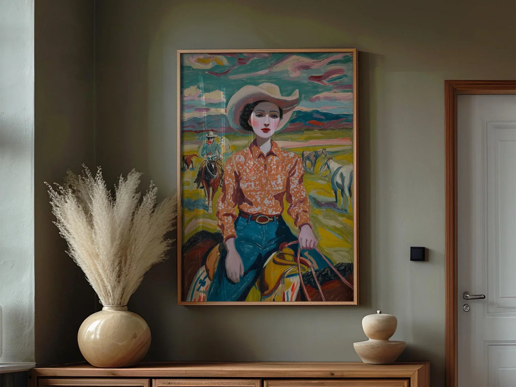Vintage cowgirl oil painting wall art – 1950s western ranch woman portrait in warm earthy tones, unframed