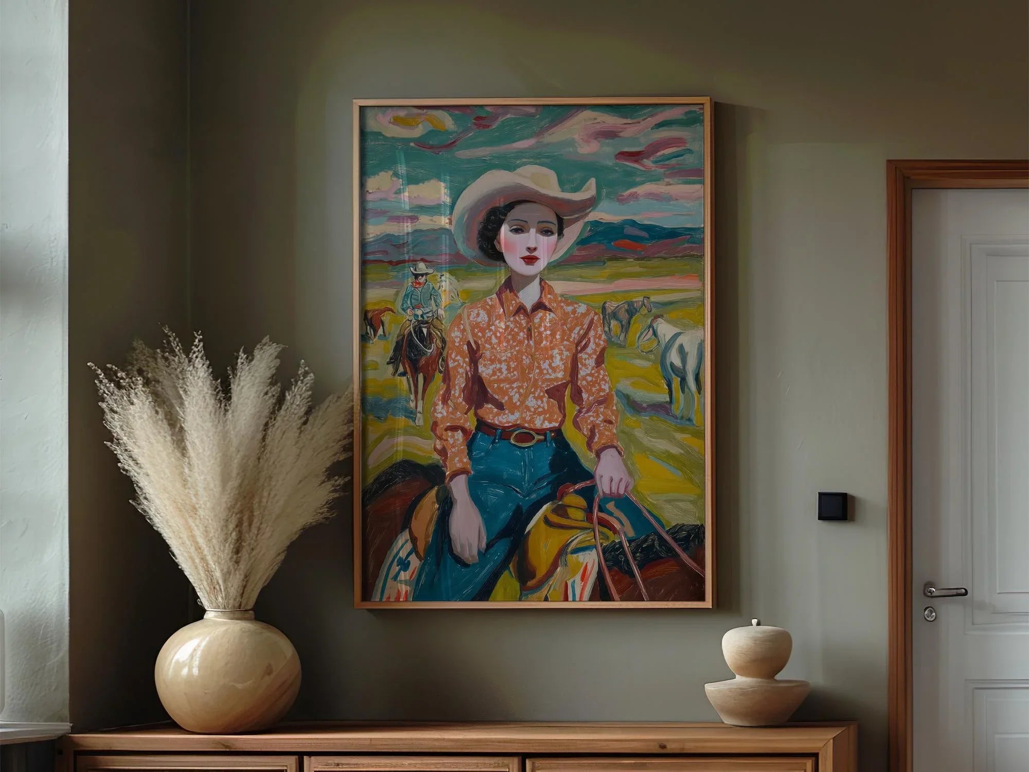 Vintage cowgirl oil painting wall art – 1950s western ranch woman portrait in warm earthy tones, unframed