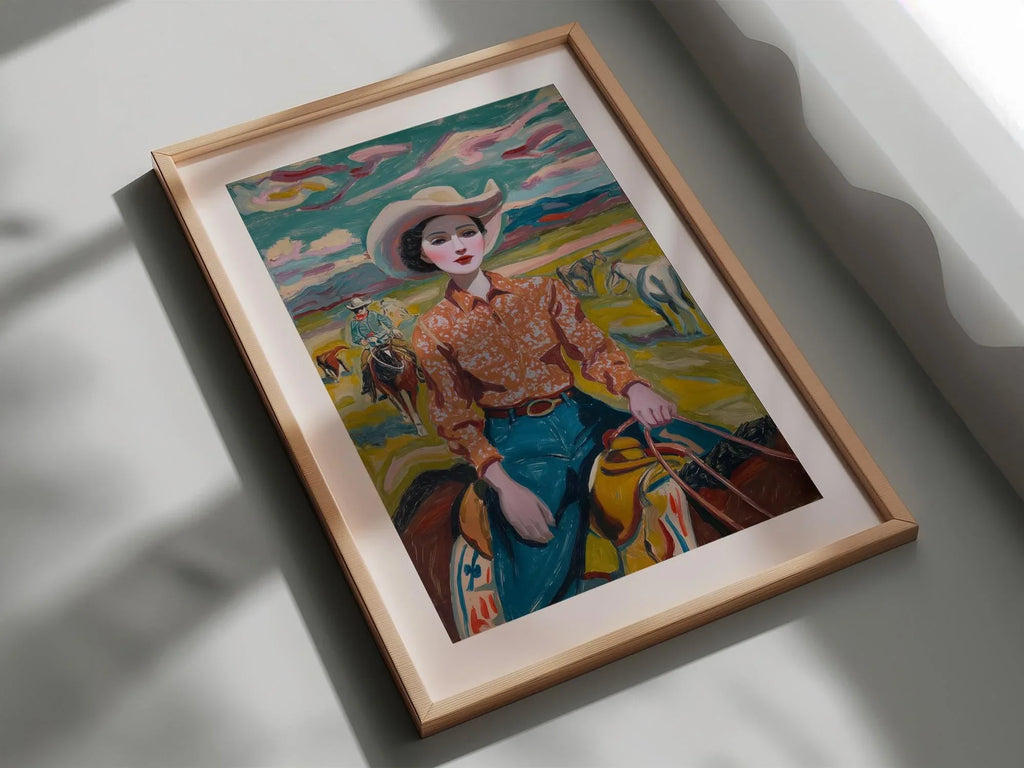 Vintage cowgirl oil painting wall art – 1950s western ranch woman portrait in warm earthy tones, White frame