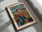 Vintage cowgirl oil painting wall art – 1950s western ranch woman portrait in warm earthy tones, White frame