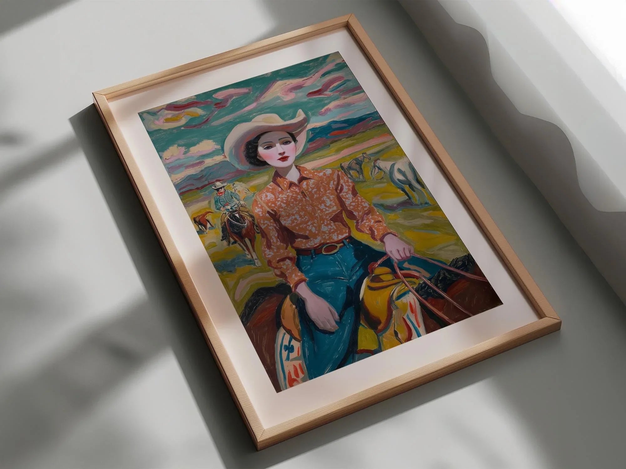 Vintage cowgirl oil painting wall art – 1950s western ranch woman portrait in warm earthy tones, White frame