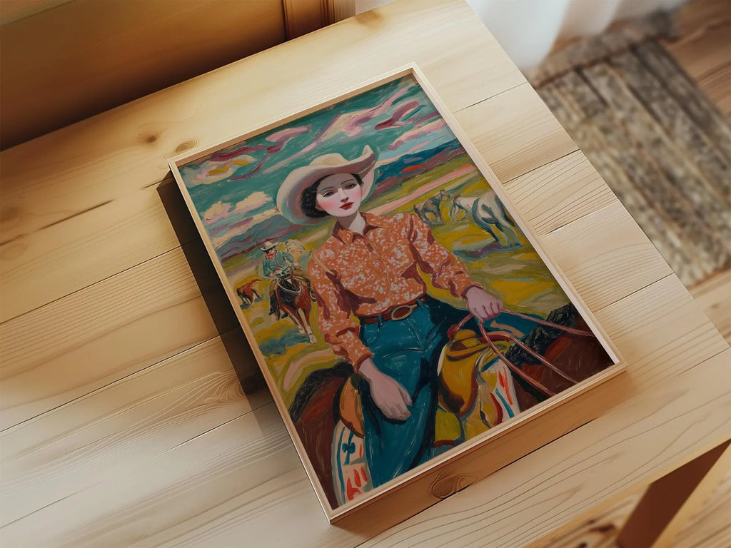 Vintage cowgirl oil painting wall art – 1950s western ranch woman portrait in warm earthy tones, Black frame