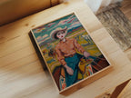 Vintage cowgirl oil painting wall art – 1950s western ranch woman portrait in warm earthy tones, Black frame