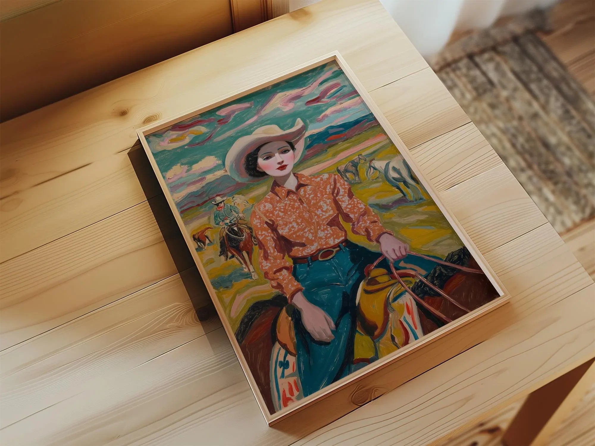 Vintage cowgirl oil painting wall art – 1950s western ranch woman portrait in warm earthy tones, Black frame