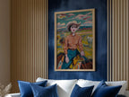 Vintage cowgirl oil painting wall art – 1950s western ranch woman portrait in warm earthy tones, Dark Wood frame