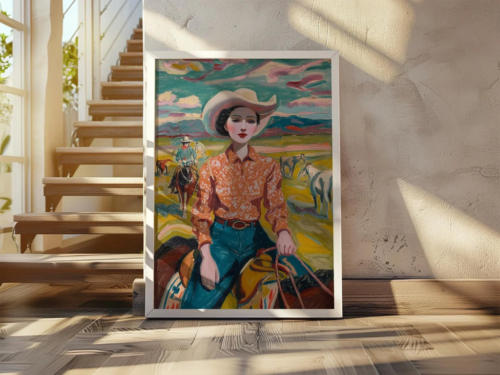 Vintage cowgirl oil painting wall art – 1950s western ranch woman portrait in warm earthy tones, Natural Wood frame