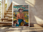 Vintage cowgirl oil painting wall art – 1950s western ranch woman portrait in warm earthy tones, Natural Wood frame