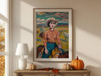 Vintage cowgirl oil painting wall art – 1950s western ranch woman portrait in warm earthy tones, unframed