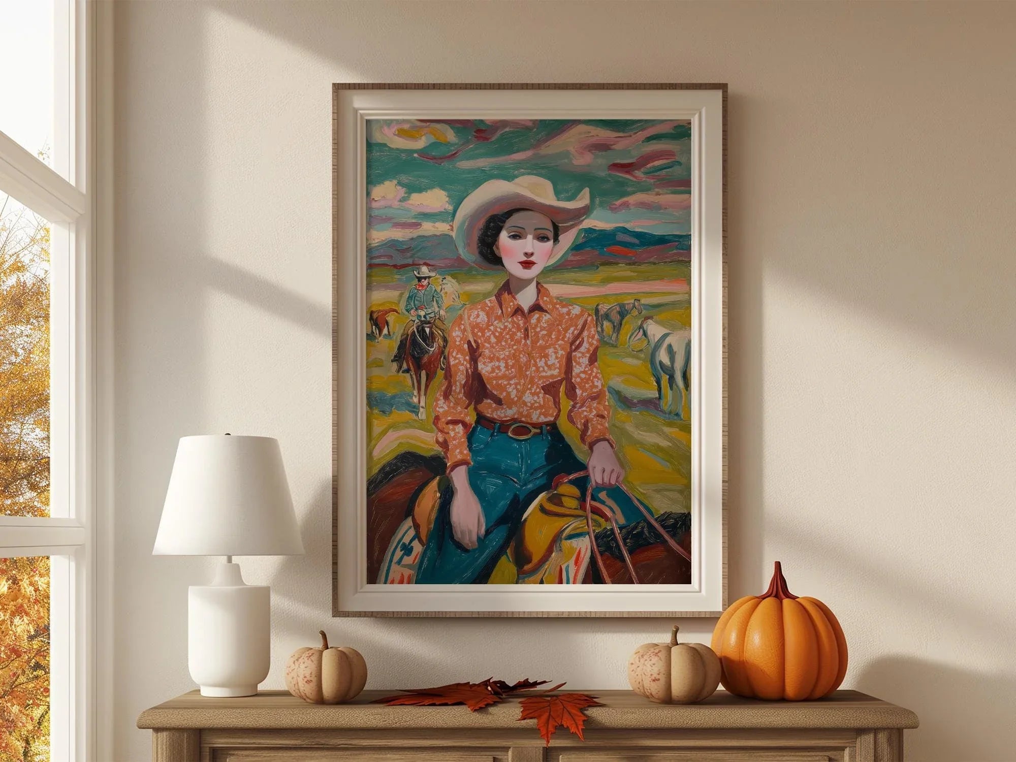Vintage cowgirl oil painting wall art – 1950s western ranch woman portrait in warm earthy tones, unframed