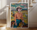 Vintage cowgirl oil painting wall art – 1950s western ranch woman portrait in warm earthy tones, Natural Wood frame