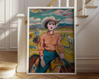 Vintage cowgirl oil painting wall art – 1950s western ranch woman portrait in warm earthy tones, Natural Wood frame