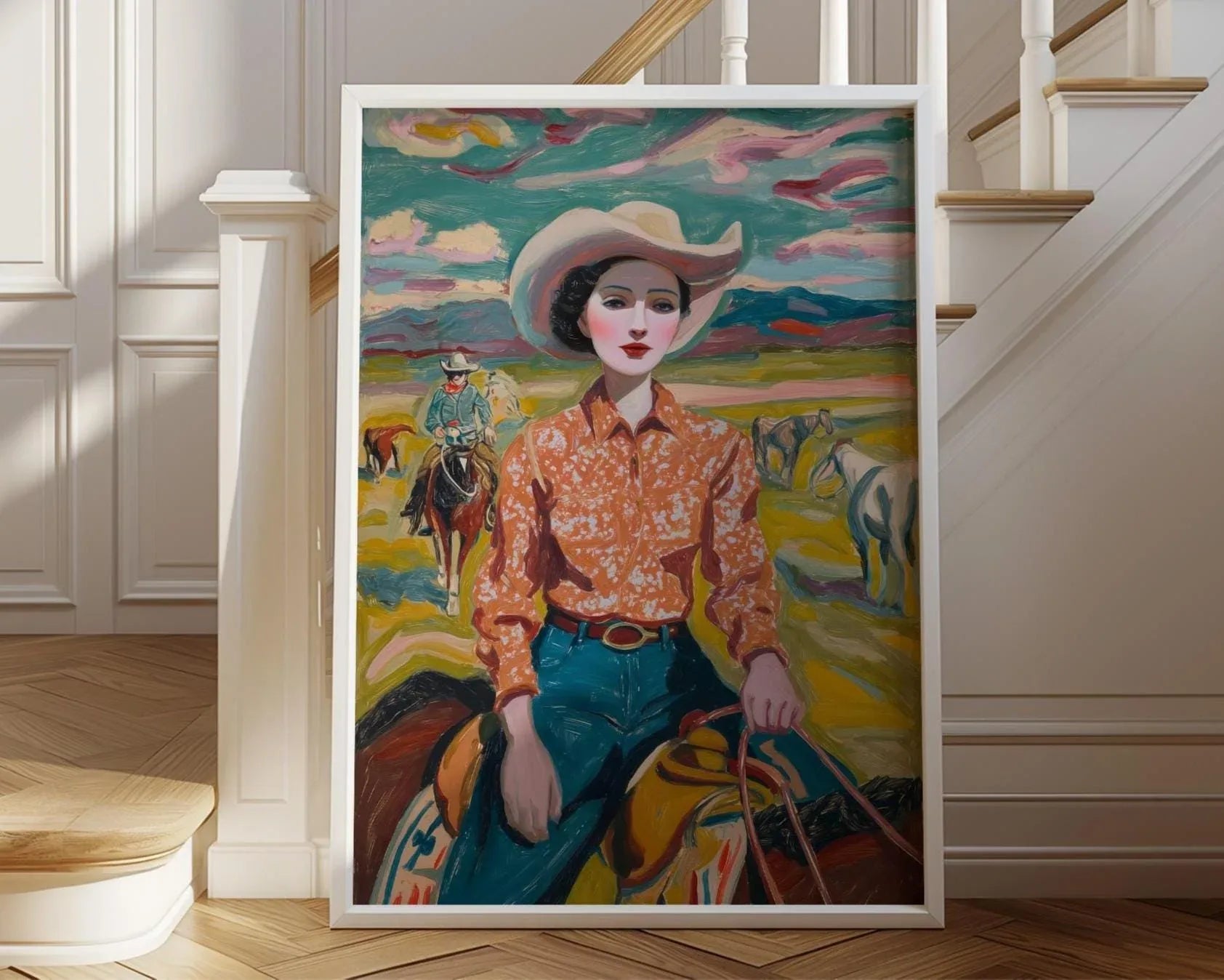 Vintage cowgirl oil painting wall art – 1950s western ranch woman portrait in warm earthy tones, Natural Wood frame