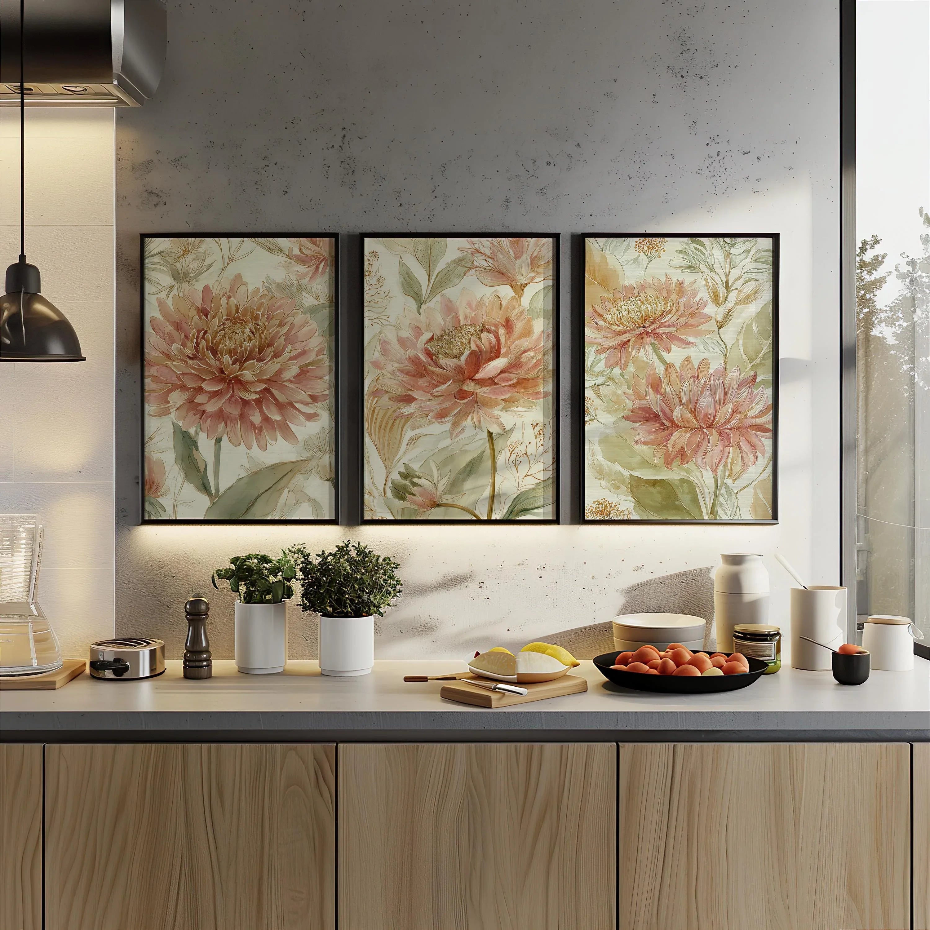 Vintage floral wall art set of 3 – pink dahlia and chrysanthemum botanical farmhouse cottage style, Black frame