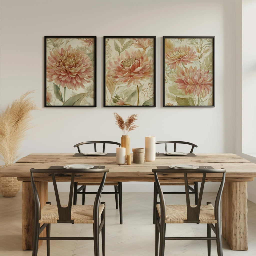Vintage floral wall art set of 3 – pink dahlia and chrysanthemum botanical farmhouse cottage style, Dark Wood frame