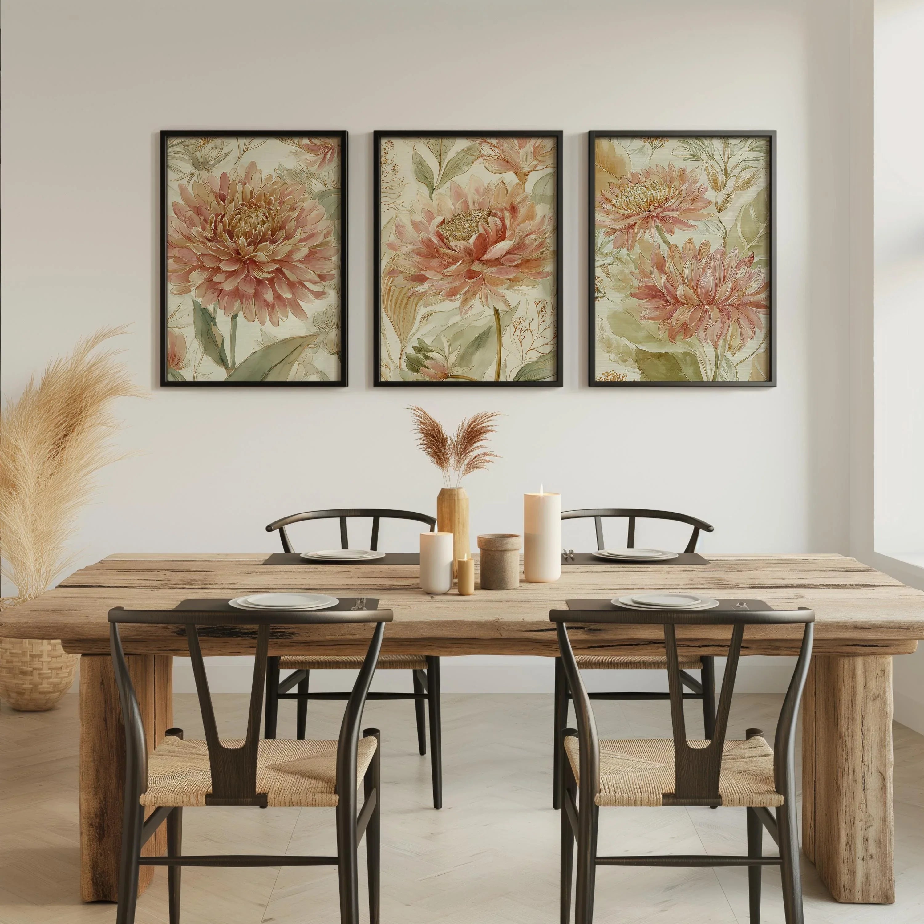 Vintage floral wall art set of 3 – pink dahlia and chrysanthemum botanical farmhouse cottage style, Dark Wood frame