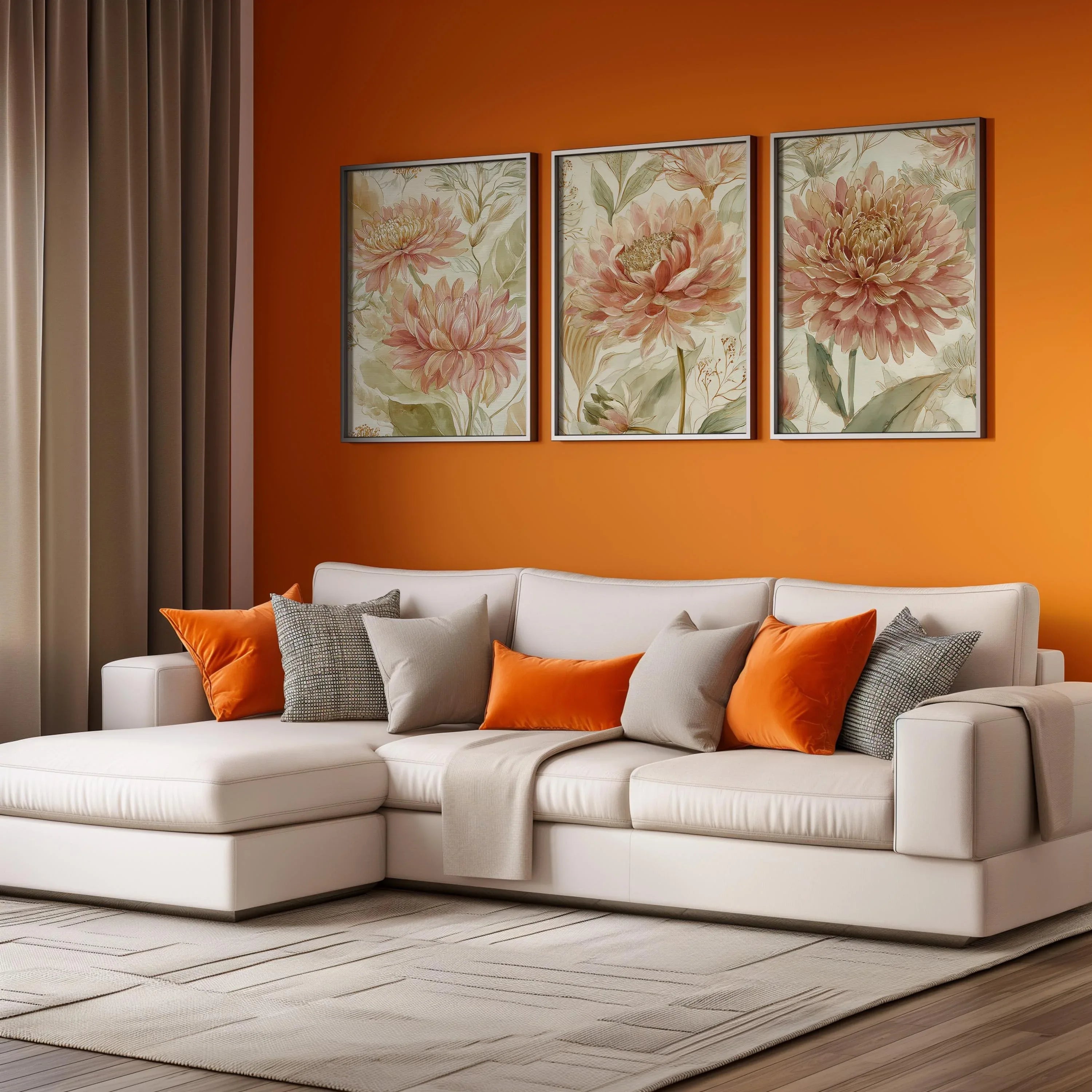 Vintage floral wall art set of 3 – pink dahlia and chrysanthemum botanical farmhouse cottage style, unframed