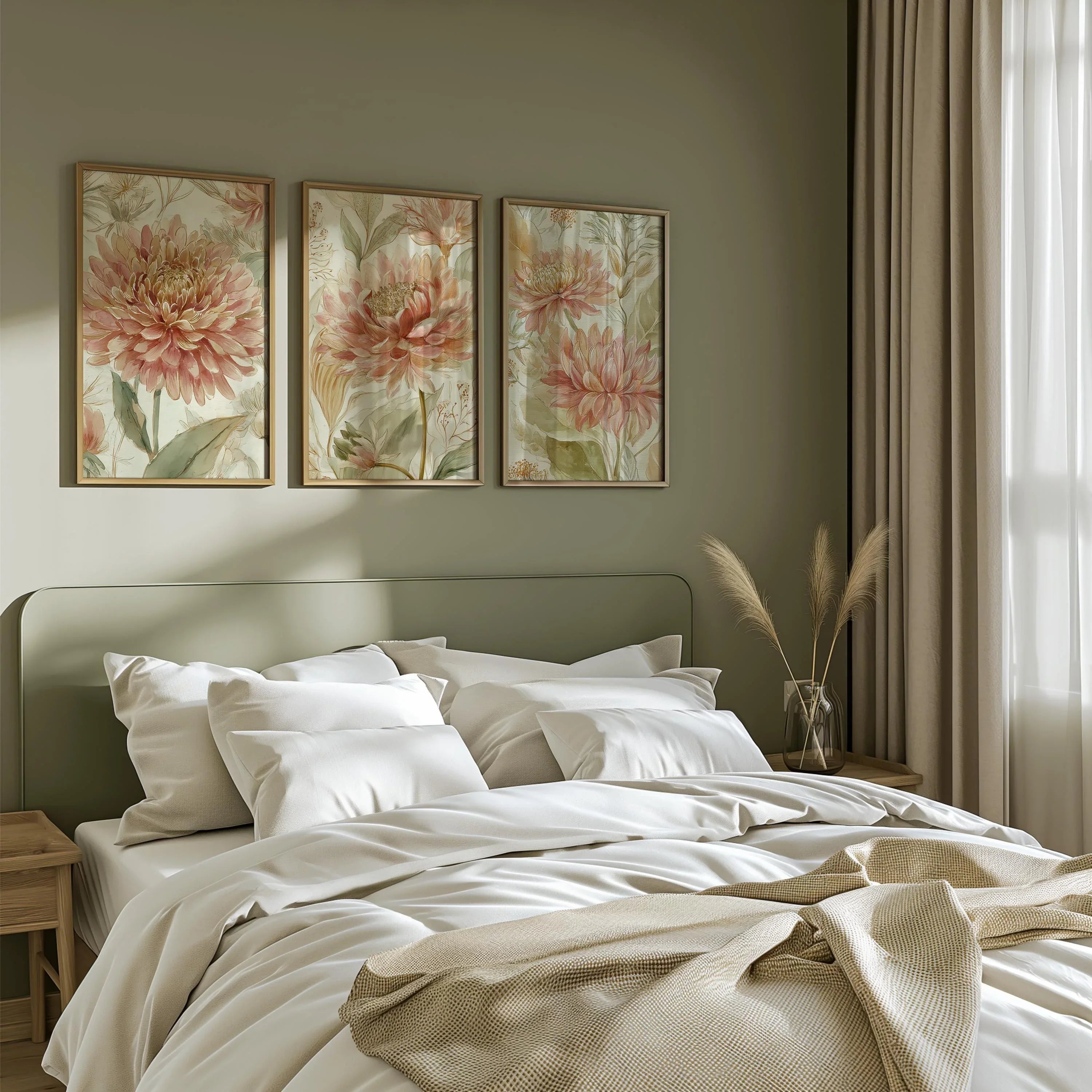 Vintage floral wall art set of 3 – pink dahlia and chrysanthemum botanical farmhouse cottage style, White frame