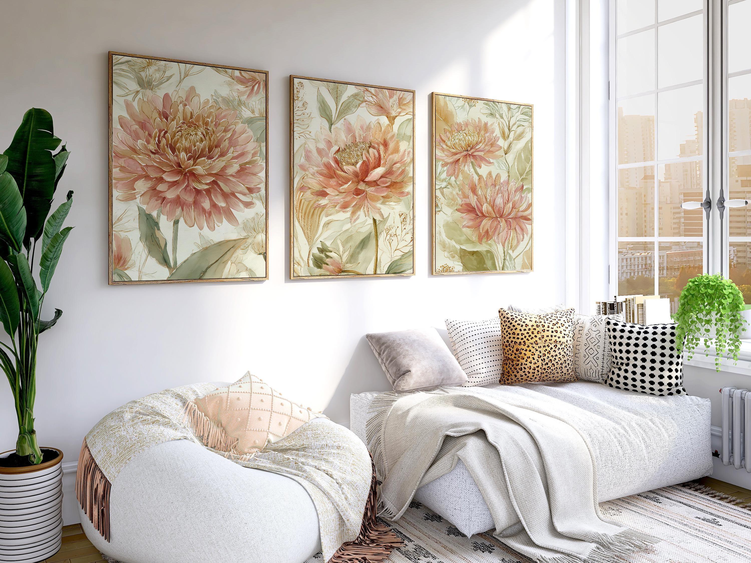 Vintage floral wall art set of 3 – pink dahlia and chrysanthemum botanical farmhouse cottage style, Black frame