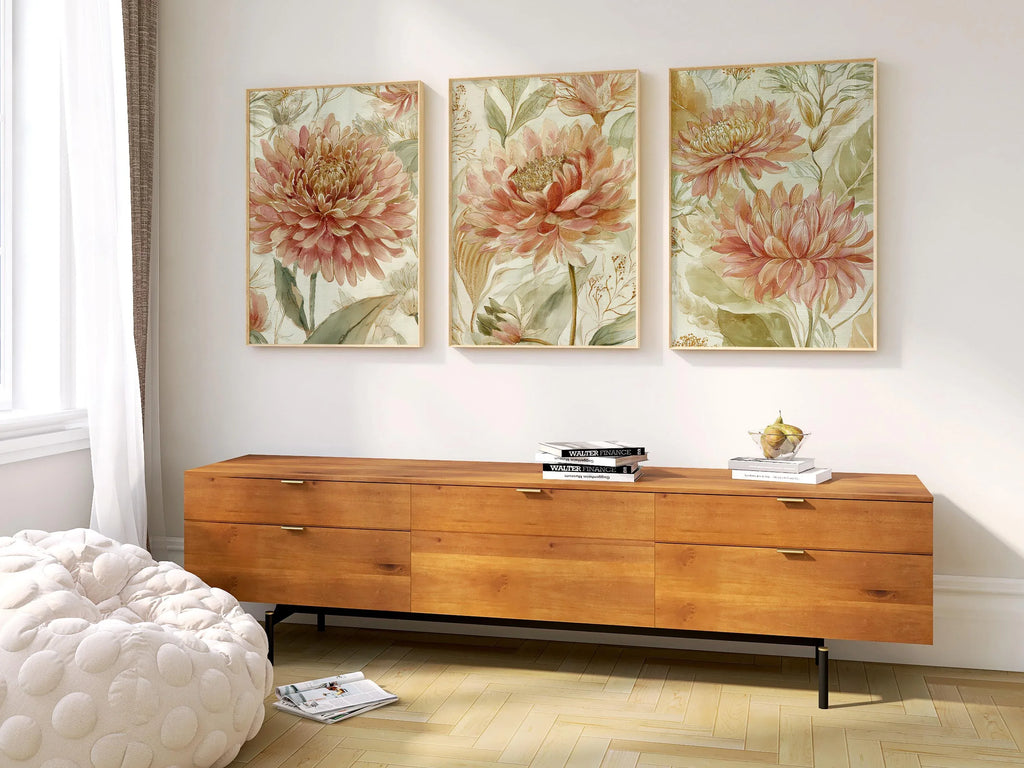 Vintage floral wall art set of 3 – pink dahlia and chrysanthemum botanical farmhouse cottage style, Dark Wood frame