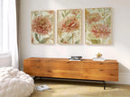 Vintage floral wall art set of 3 – pink dahlia and chrysanthemum botanical farmhouse cottage style, Dark Wood frame