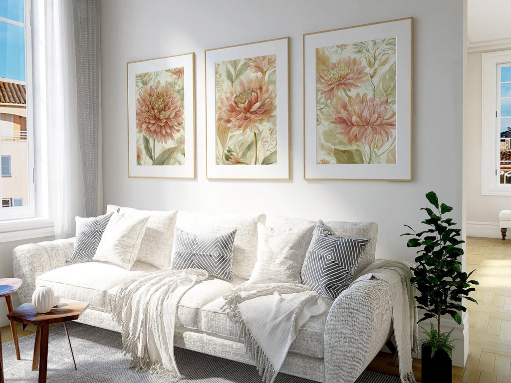 Vintage floral wall art set of 3 – pink dahlia and chrysanthemum botanical farmhouse cottage style, Natural Wood frame