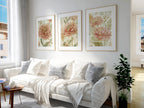 Vintage floral wall art set of 3 – pink dahlia and chrysanthemum botanical farmhouse cottage style, Natural Wood frame