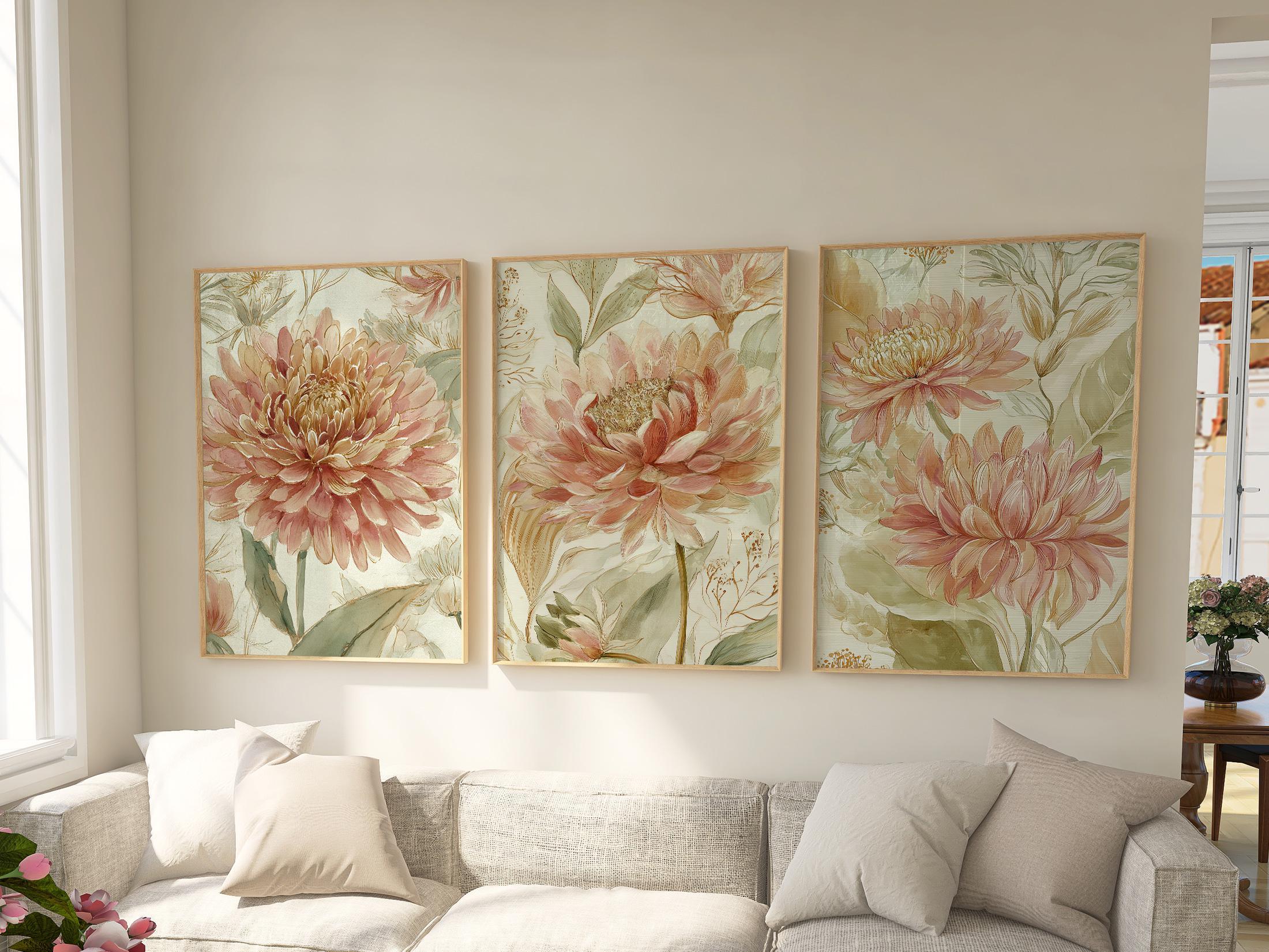 Vintage floral wall art set of 3 – pink dahlia and chrysanthemum botanical farmhouse cottage style, Natural Wood frame