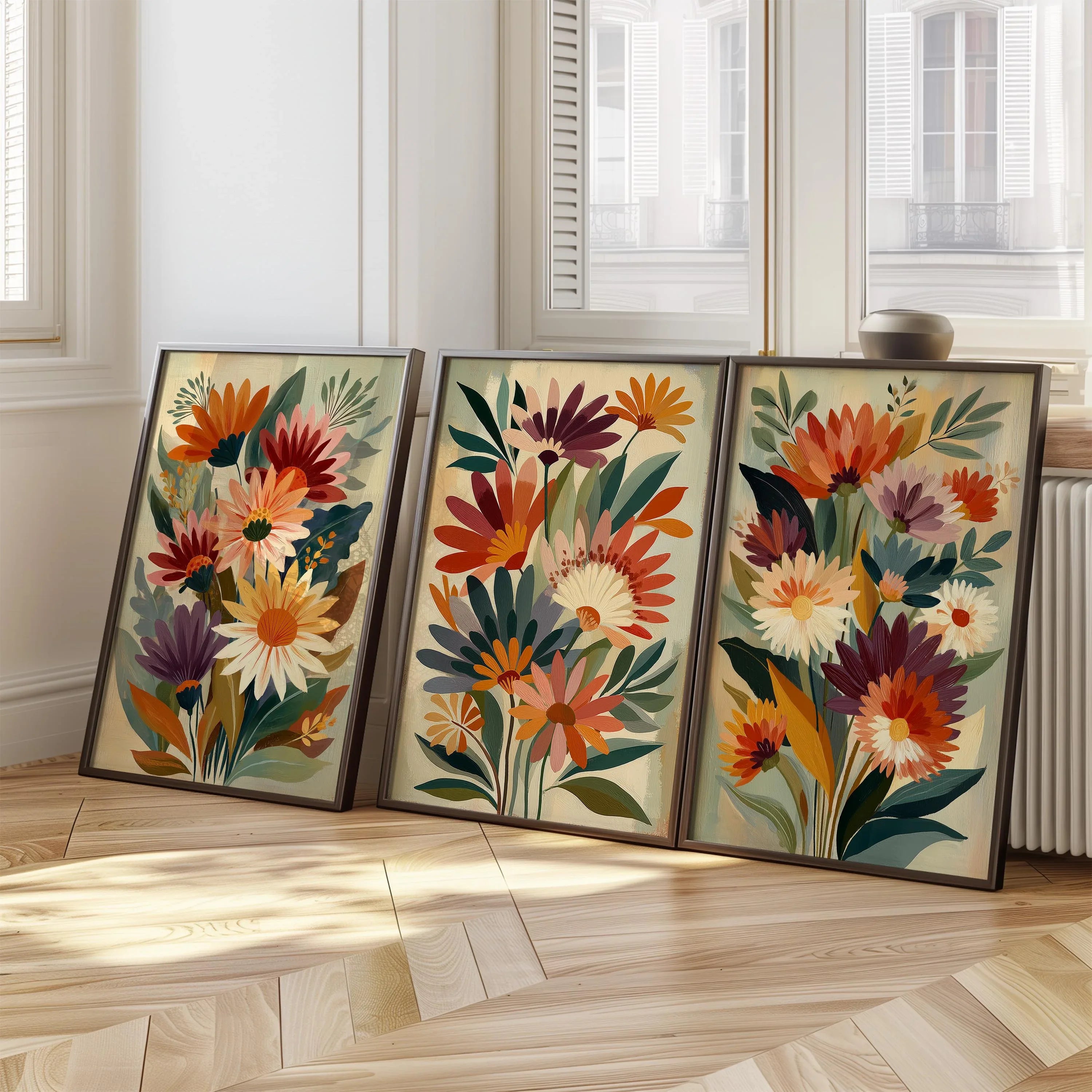 Retro 1970s vintage floral wall art set of 3 – autumn botanical in orange burgundy and purple, Black frame