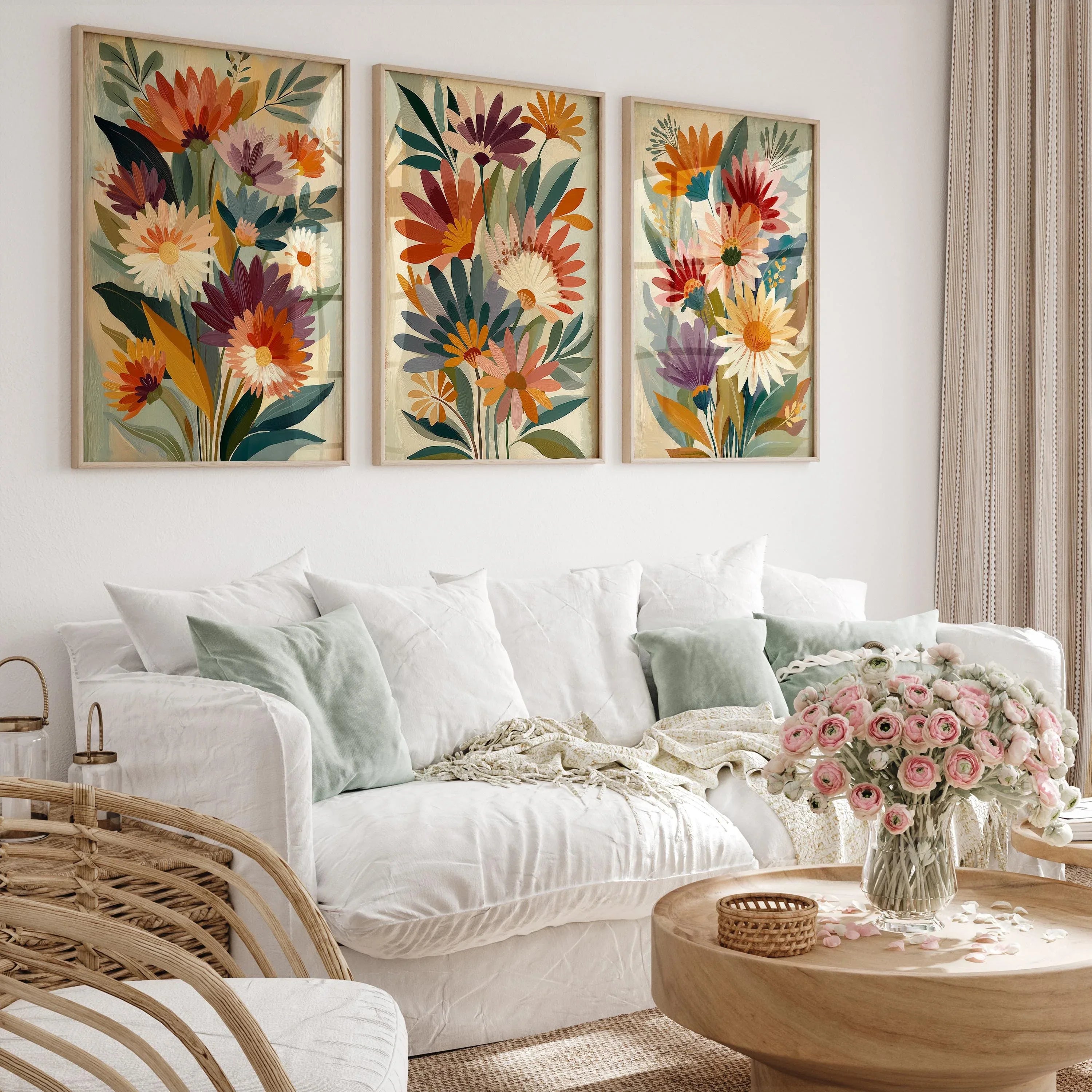 Retro 1970s vintage floral wall art set of 3 – autumn botanical in orange burgundy and purple, Dark Wood frame