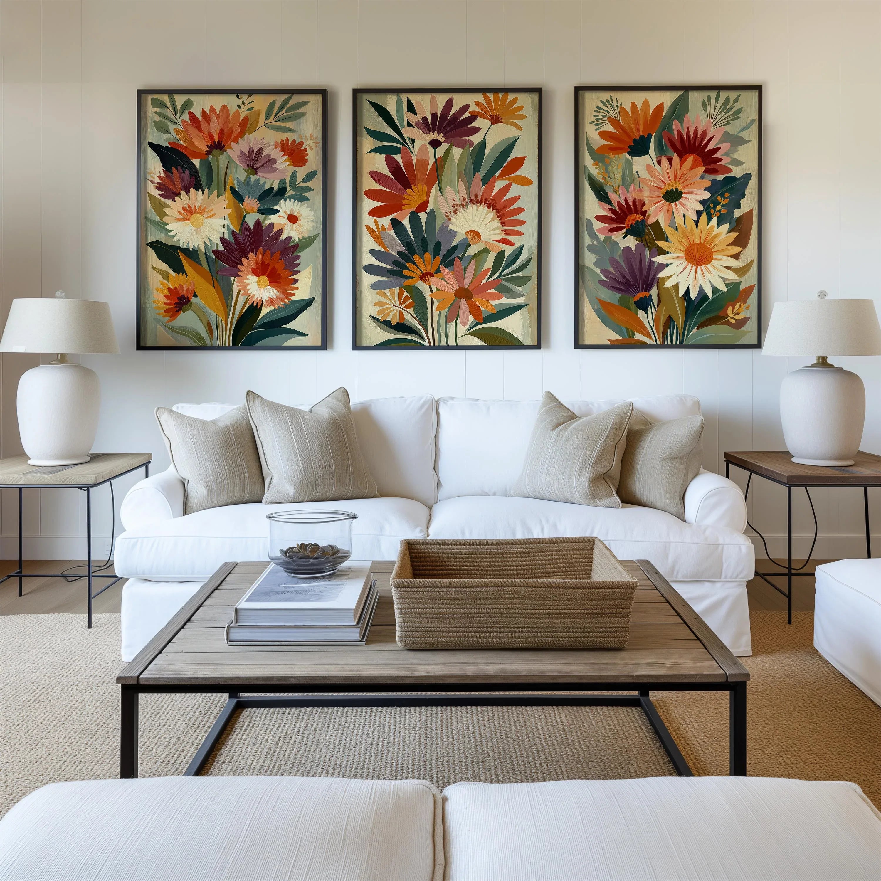 Retro 1970s vintage floral wall art set of 3 – autumn botanical in orange burgundy and purple, unframed