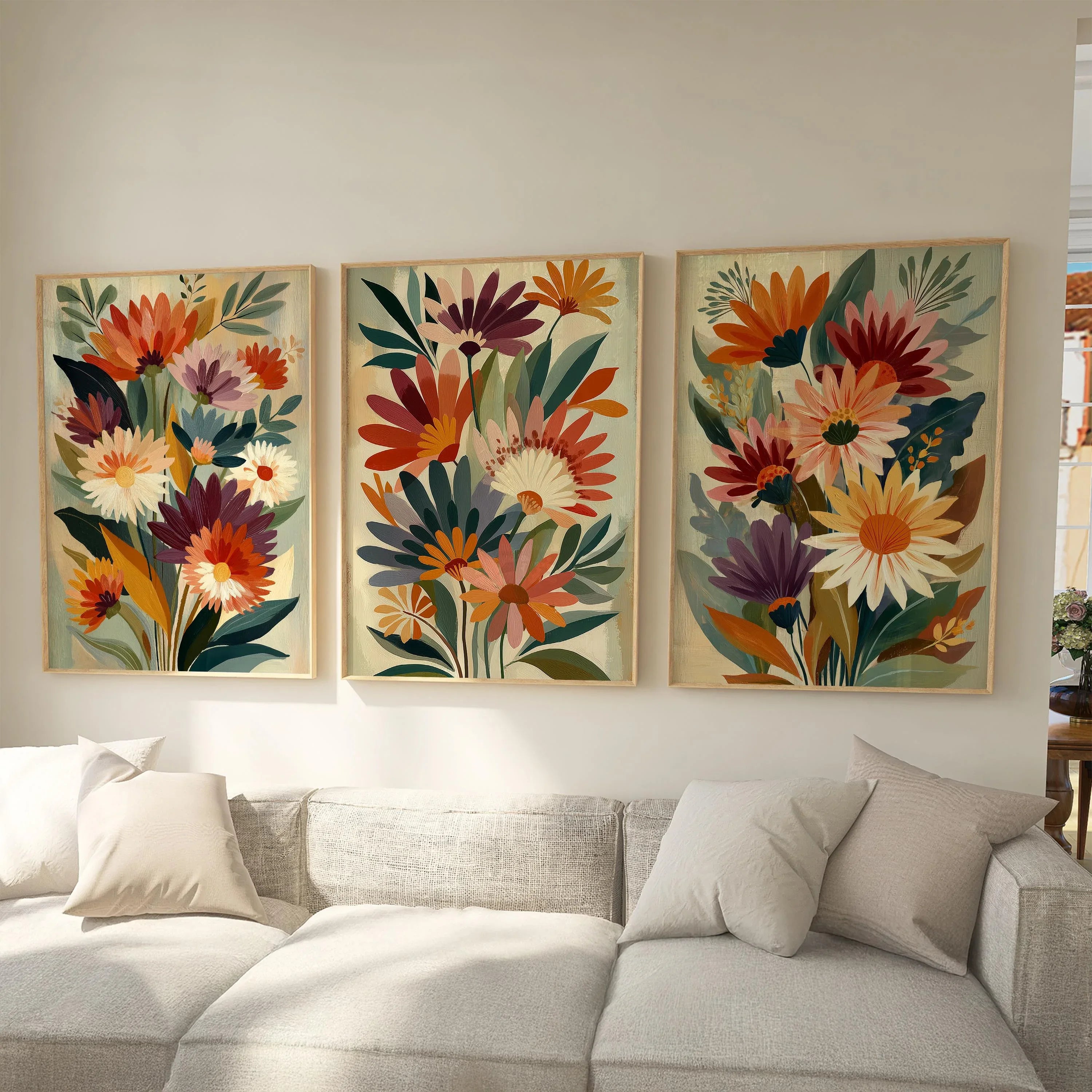 Retro 1970s vintage floral wall art set of 3 – autumn botanical in orange burgundy and purple, Natural Wood frame