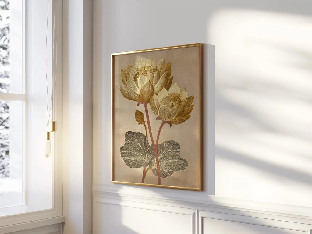 Vintage lotus flower golden beige botanical illustration wall art in black frame 12x12 inch 30x30 cm